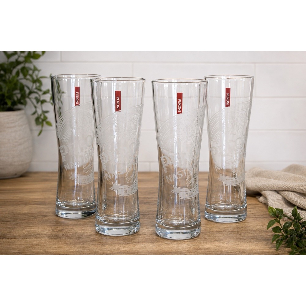 Peroni Nastro Azzurro Beer Glasses Set of 4 Tall Etched Pilsner Red Logo Tags